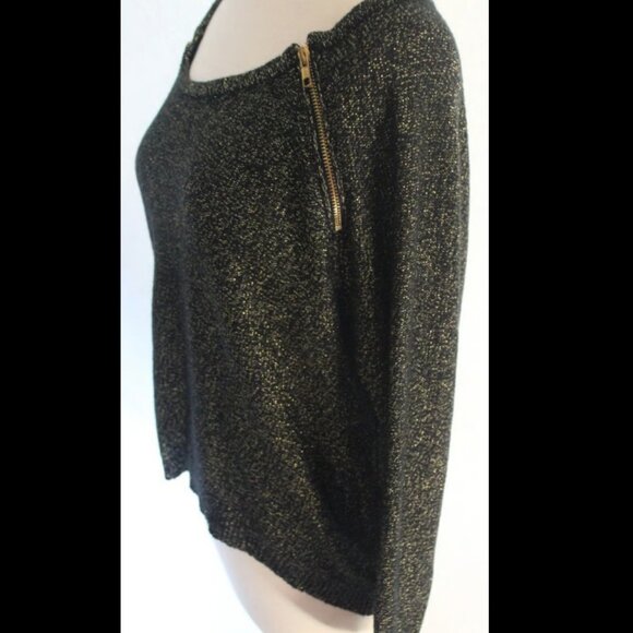 BISOU BISOU Sweater Women's Size M Black Gold Metallic Boatneck Zipper Accents. - Picture 2 of 8